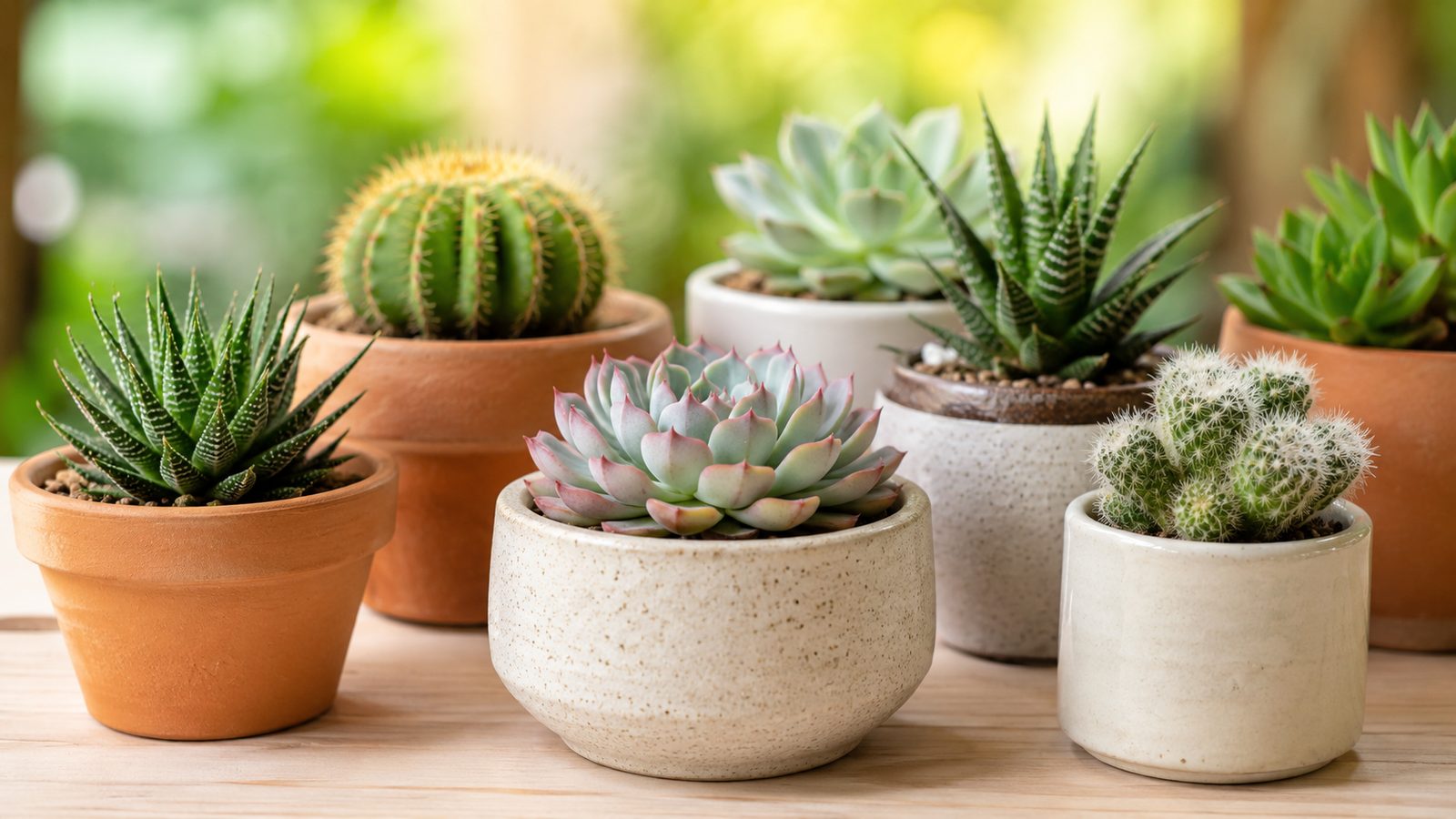 Suculentas y cactus en macetas de distintos tamaños