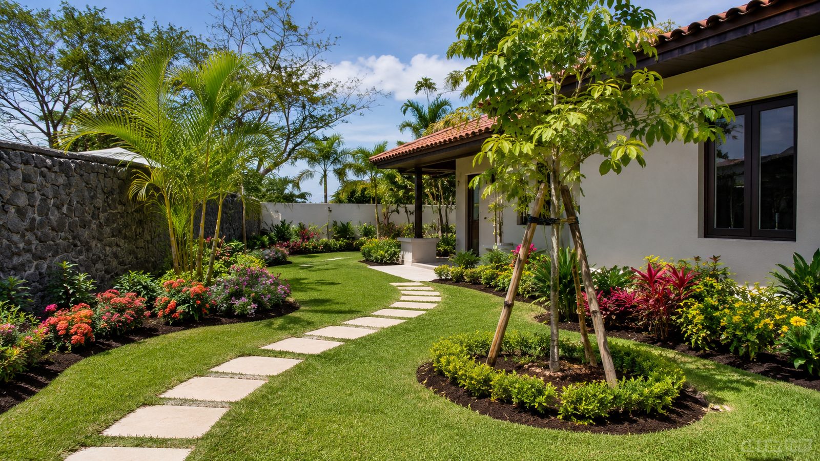 Jardín residencial recién diseñado con césped y jardineras