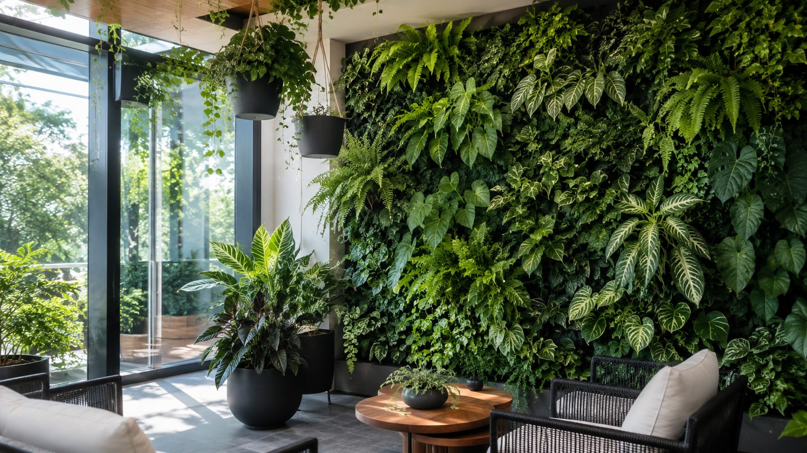 Jardín vertical de plantas tropicales en interior