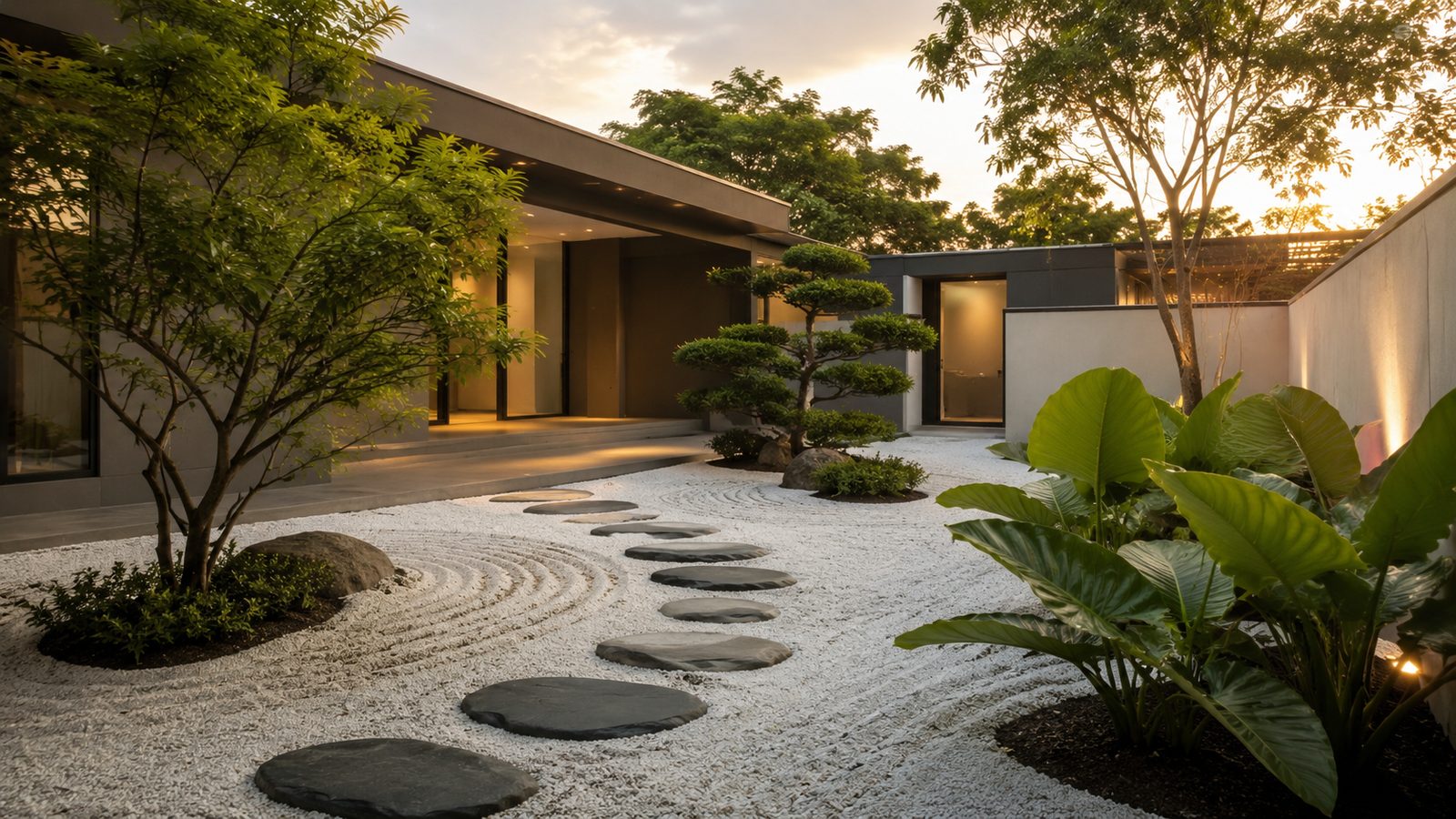 Jardín zen minimalista con camino de piedras y grava