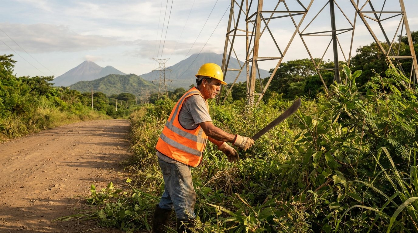 Trabajador chapeando con machete bajo líneas de transmisión, con volcanes al fondo