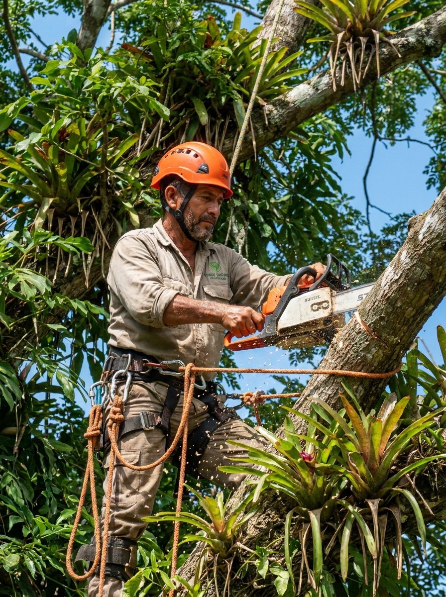 Arborista con casco, arnés y motosierra podando un árbol tropical en altura