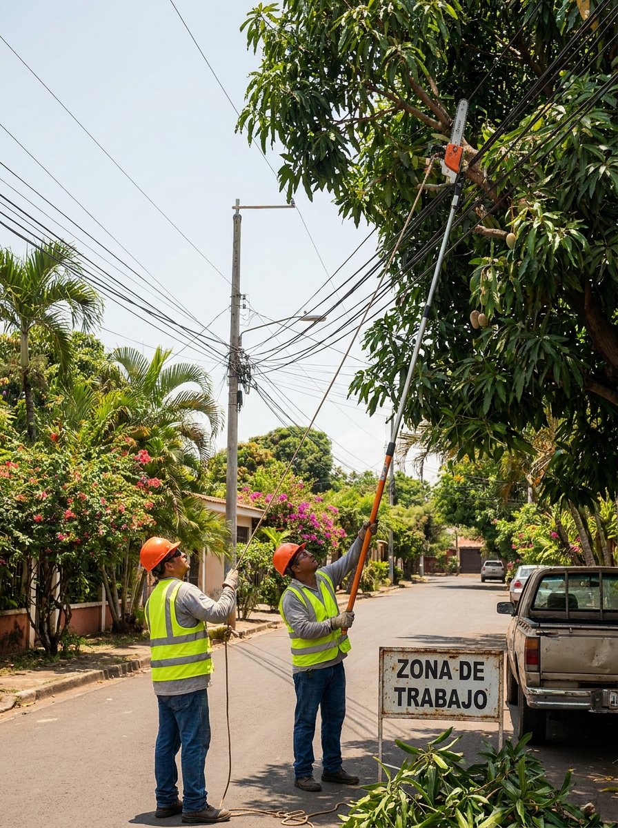 Cuadrilla con cascos podando con motosierra telescópica junto al cableado en una calle de Nicaragua