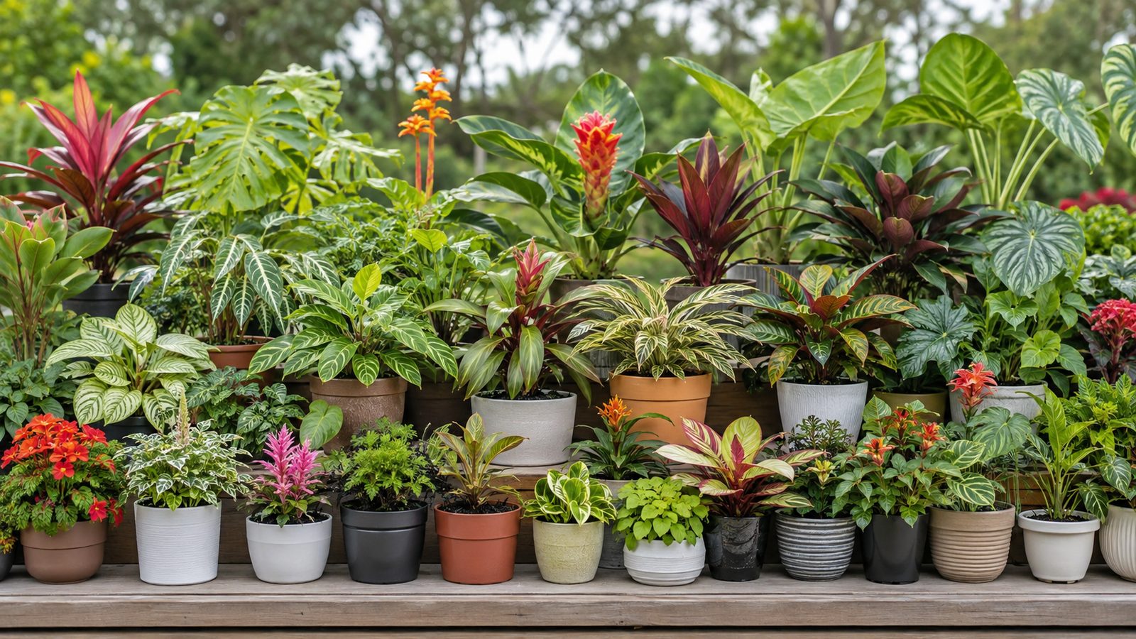 Variedad de plantas ornamentales tropicales en macetas
